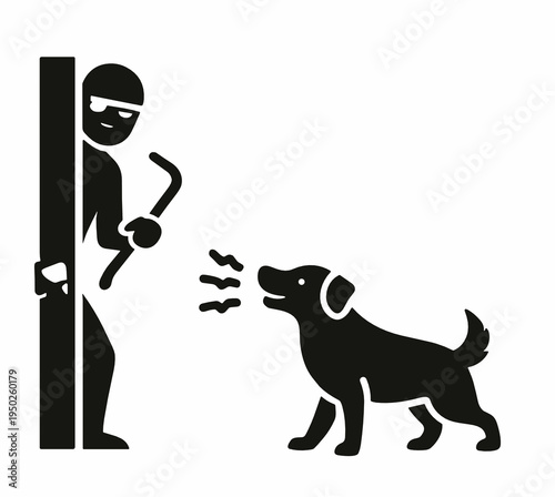 Barking dog confronting a masked burglar with a crowbar at a doorway. Dramatic vector silhouette for home security, intrusion alert, crime prevention, protection, and watchdog concepts.