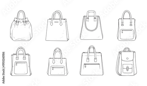 Collection of eight diverse handbag and backpack line tote satchel outline