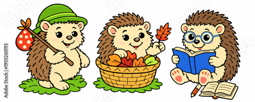 Set of three cartoon hedgehogs featuring travel, harvest basket, and reading scenes. Cute educational woodland characters for autumn, school, adventure, and children's storytelling design.