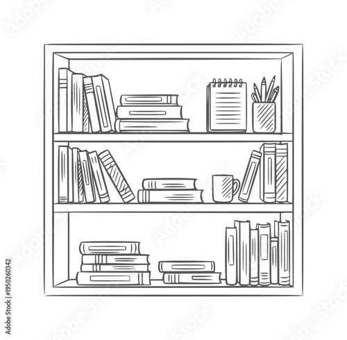 Hand drawn bookshelf filled with books and stationery notebook pens