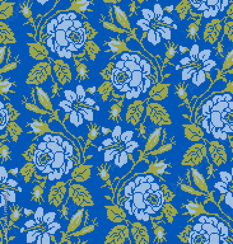 Seamless Ukrainian embroidery vector pattern with traditional vyshyvanka floral ornament. Yellow and blue flowers with decorative branches and leaves