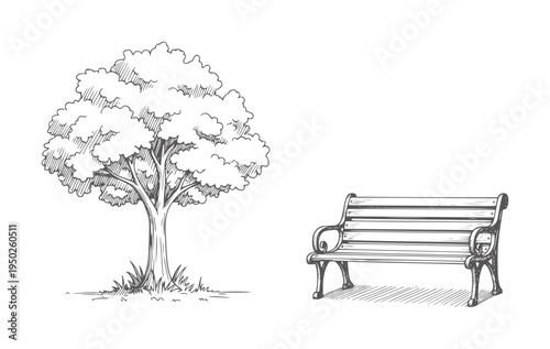 Hand drawn park bench beside a leafy tree in style outline nature