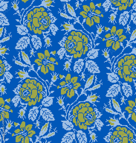 Seamless Ukrainian embroidery vector pattern with traditional vyshyvanka floral ornament. Yellow and blue flowers with decorative branches and leaves