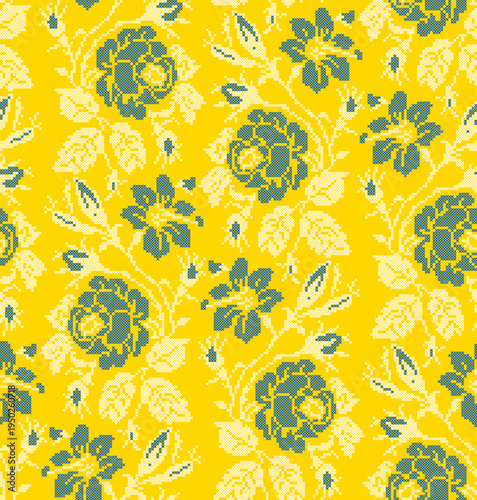 Seamless Ukrainian embroidery vector pattern with traditional vyshyvanka floral ornament. Yellow and blue flowers with decorative branches and leaves
