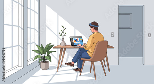 Concept illustration of a professional boosting productivity with neuro-technology while working remotely in a bright, modern home office environment