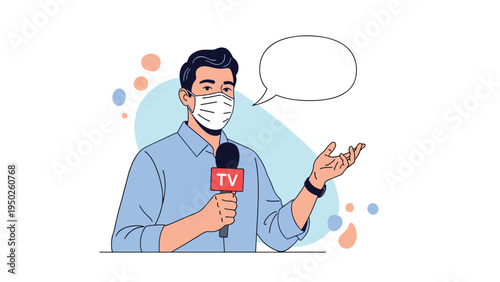 Male news reporter wearing a protective face mask while speaking into a microphone with an empty speech bubble.