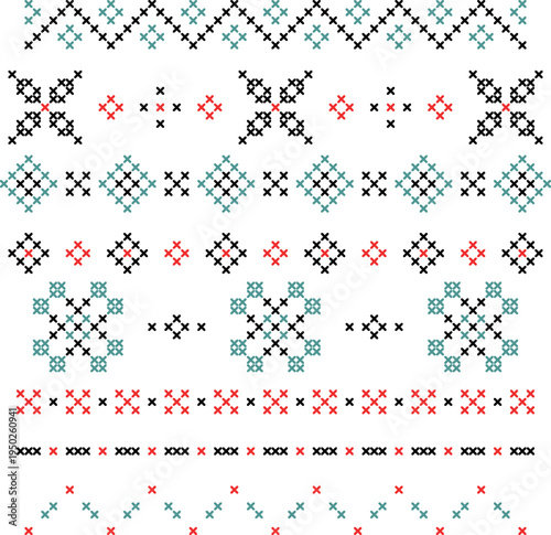 Set of decorative cross stitch borders with ornaments. Traditional embroidery style vector elements inspired by folk needlework, perfect for holiday cards, textile design and festive decorations.