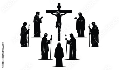Silhouette of jesus christ on the cross with six mourners