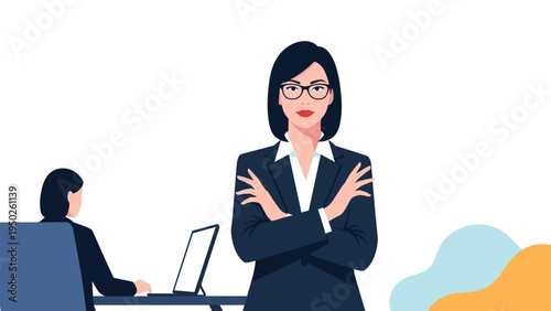 Confident businesswoman standing with arms crossed in an office with a female colleague working in the background.