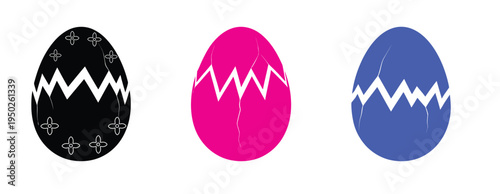 Three colorful easter eggs with white zigzag patterns