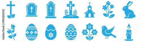 Easter icons and symbols in blue on white background