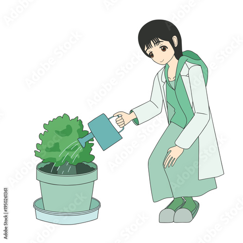 研究室で植物に水やりをする白衣の女性生物学者 科学者