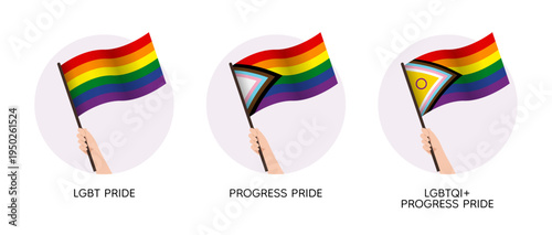 Set of LGBTQI+ waving pride flag in raised hand. Support vector illustration