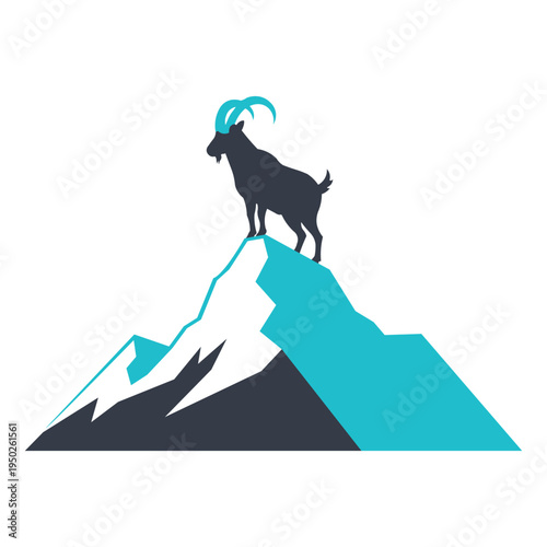 Goat standing on top of mountain peak with large horns side view