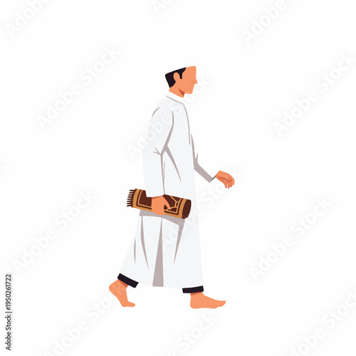 Man walking in traditional Middle Eastern or Islamic attire holding Quran