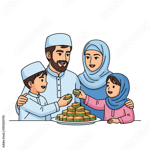 Muslim family sharing traditional food together at a table