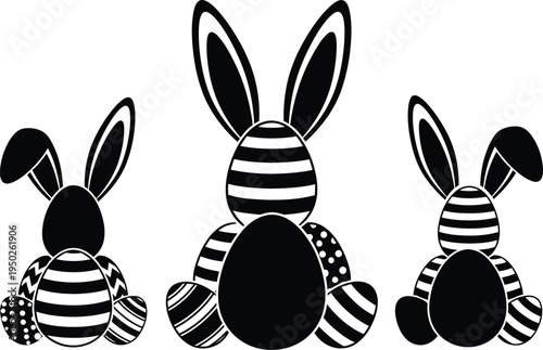 Three black and white rabbits with striped shirts