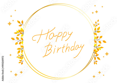Happy Birthday hand lettering with gold circle frame and confetti vector greeting design