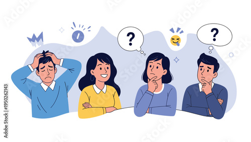 Diverse group of people expressing various emotions like confusion sadness and curiosity during a social interaction.