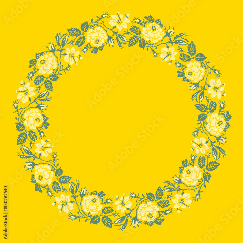 Ukrainian embroidery floral wreath vector illustration inspired by traditional vyshyvanka ornament. Decorative circular frame with yellow roses, branches and leaves created in cross stitch