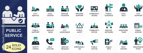 Public service icon set. Featuring community support, safety, assistance and civic service symbols in bold vector style for web, mobile apps, city services and social projects.
