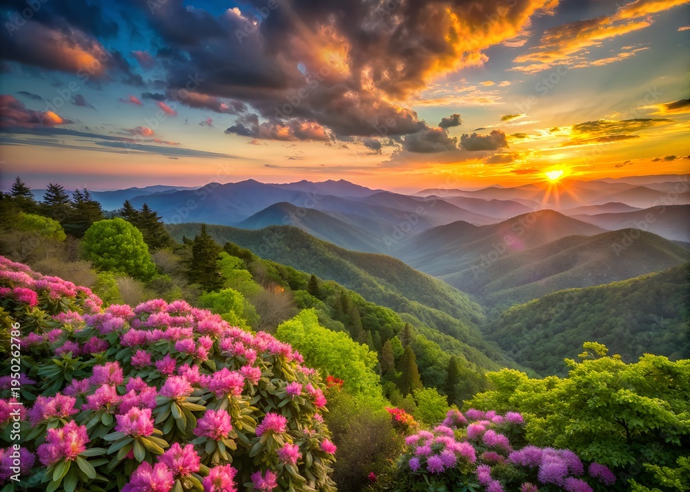 Fototapeta premium Scenic Blue Ridge Mountains at Sunset with Blooming Rhododendron in Spring
