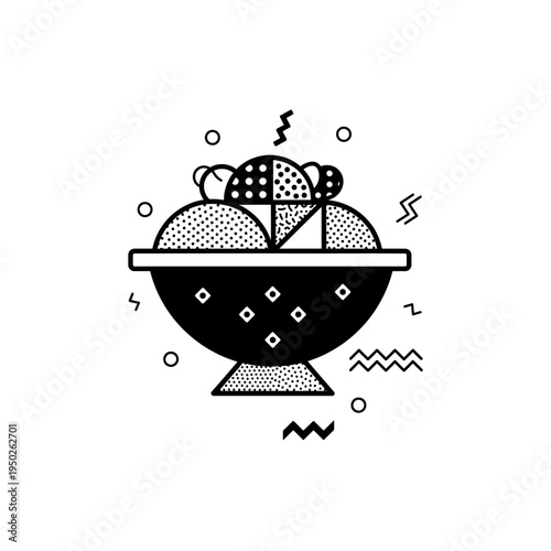 Minimalist black and white bowl icon with retro geometric patterns and squiggles