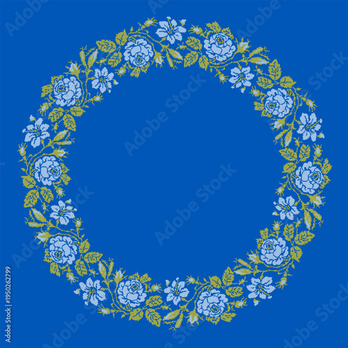 Ukrainian embroidery floral wreath vector illustration inspired by traditional vyshyvanka ornament. Decorative circular frame with yellow roses, branches and leaves created in cross stitch
