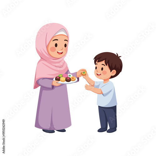Muslim woman wearing hijab offering food to a young boy