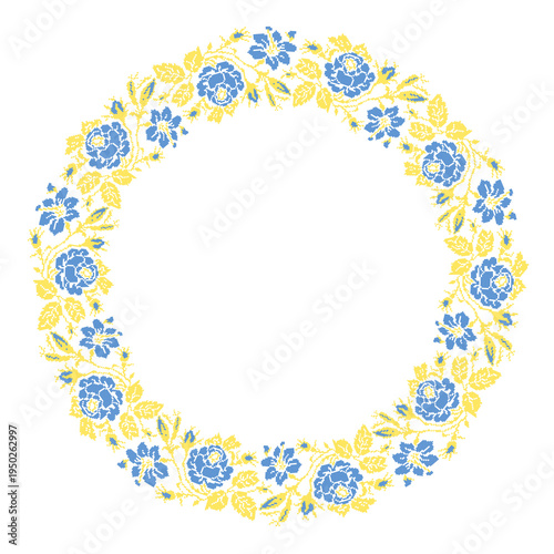 Ukrainian embroidery floral wreath vector illustration inspired by traditional vyshyvanka ornament. Decorative circular frame with yellow roses, branches and leaves created in cross stitch