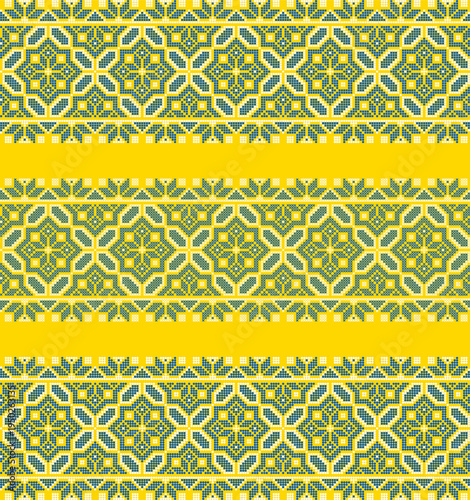 Vector set of traditional Ukrainian embroidery border ornaments inspired by vyshyvanka patterns. Ethnic textile design with geometric folk motifs in yellow and blue colors