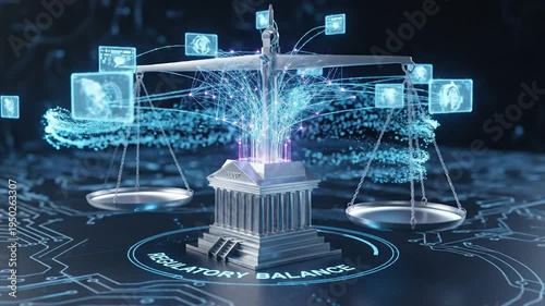 Digital Scales of Justice Representing Legal Technology and Regulatory Balance.