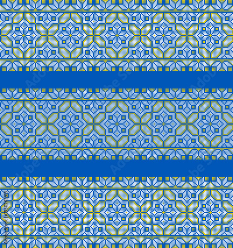 Vector set of traditional Ukrainian embroidery border ornaments inspired by vyshyvanka patterns. Ethnic textile design with geometric folk motifs in yellow and blue colors