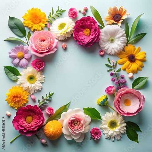 Creative layout made of flowers and leaves. Flat lay. Nature concept. Floral Greeting card. Colorful spring flower background, space for text. Nature Trendy Decorative Design.