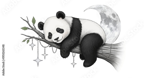 Sleeping panda bear on tree branch with moon and sparkling stars