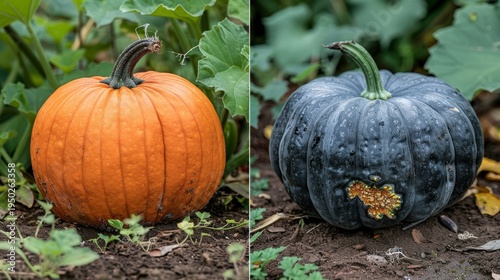 Two pumpkins rest on earthy soil. One orange, one dark blue. Vines and leaves surround them. Sunlight highlights their rough textures. Perfect for autumn or harvest themes