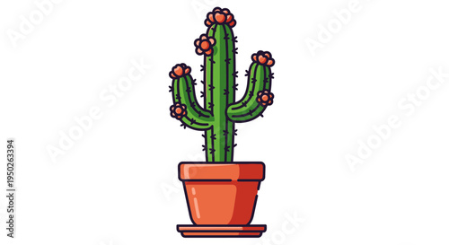 Cactus in pot with pink flowers on top cartoon style