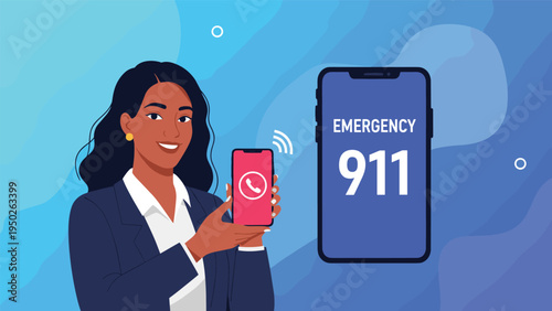 Young woman showing an emergency 911 call on a smartphone screen to represent safety security and help services.