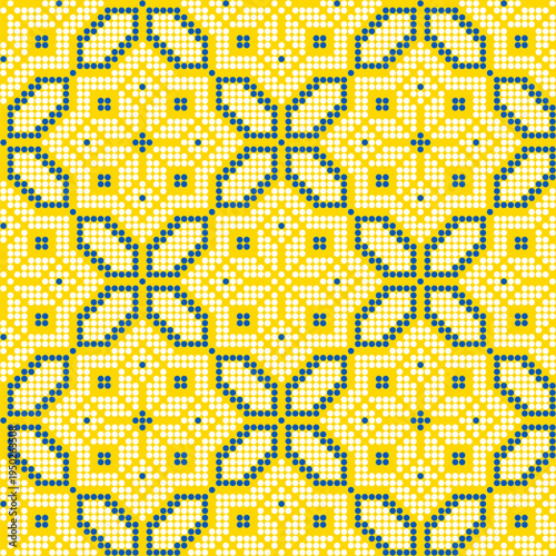 Seamless Ukrainian embroidery vector pattern inspired by traditional vyshyvanka ornament. Ethnic geometric folk design made in cross stitch style with yellow and blue stitches