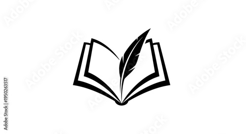 Minimalist Open Book and Feather Quill Icon, Symbol of Knowledge and Literature on an Isolated White Background