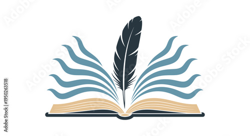 Open Book with a Feather Quill and Abstract Pages, Symbolizing Education and Creativity on an Isolated White Background