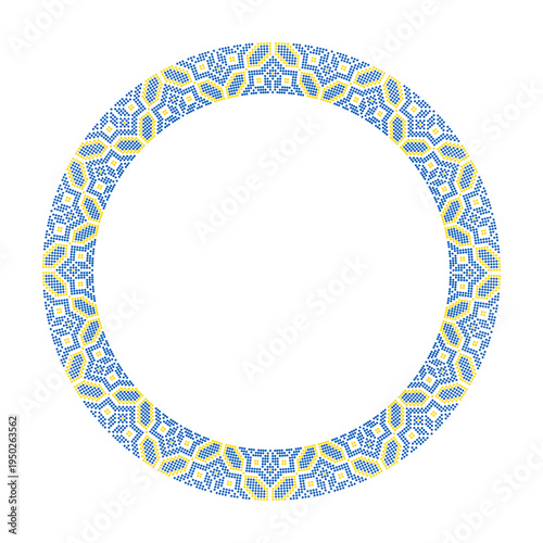 Ukrainian embroidery round frame vector ornament inspired by traditional vyshyvanka patterns. Decorative circular border with geometric folk motifs in yellow and blue colors made in cross stitch style