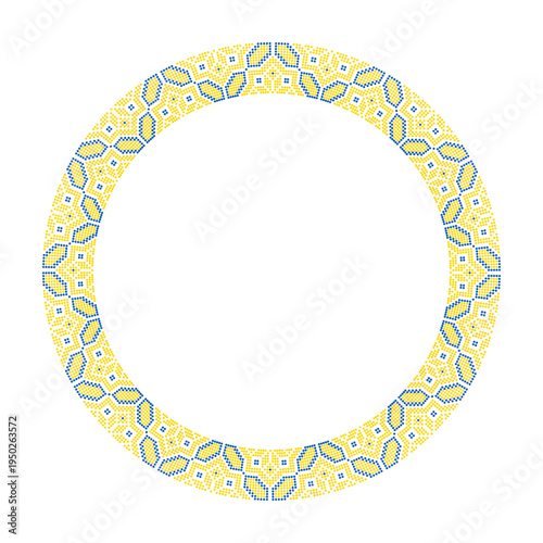 Ukrainian embroidery round frame vector ornament inspired by traditional vyshyvanka patterns. Decorative circular border with geometric folk motifs in yellow and blue colors made in cross stitch style