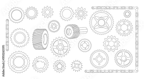 Outlines of various gears and a bicycle chain, illustrating mechanical engineering and interconnected systems on an isolated white background.