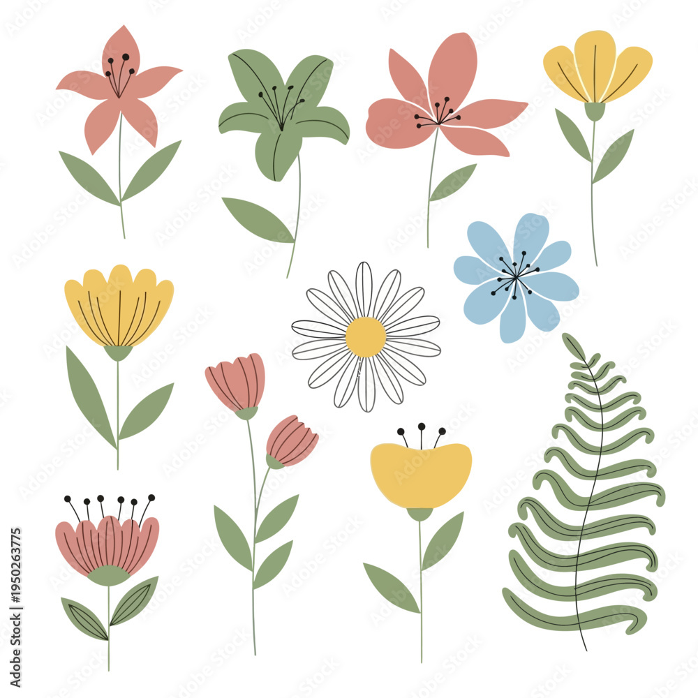 Naklejka premium Vibrant Spring Flowers and Fern Illustration - Botanical Collection