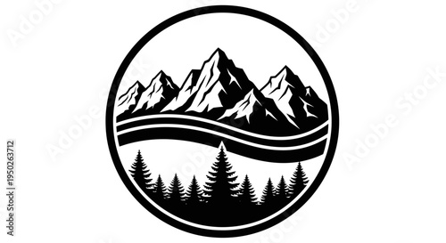 Mountain Landscape with Pine Trees in a Circular Frame, isolated white background