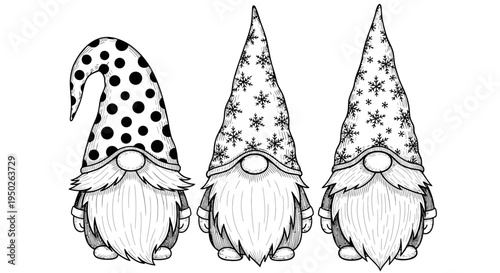 Adorable Christmas Gnomes with Polka Dot and Snowflake Pattern Hats, isolated white background
