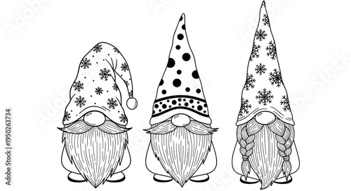 Group of Three Cute Christmas Gnomes with Varied Festive Hats, isolated white background