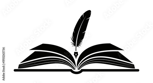 Open Book with Feather Quill Pen, isolated white background