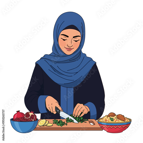Woman in hijab preparing food with knife on cutting board